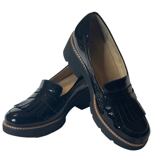 Naturalizer Darcy Loafers Black Patent Leather Platform Fringe Chunky Sole 9.5M - Picture 1 of 12